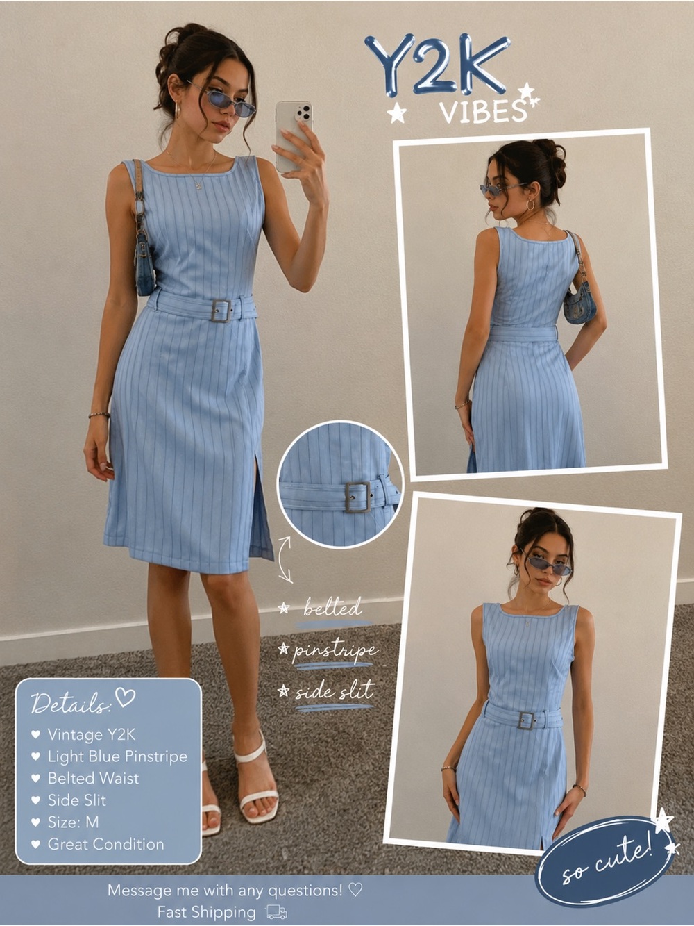 Vintage Y2K Light Blue Pinstripe Belted Dress - Picture 1 of 9
